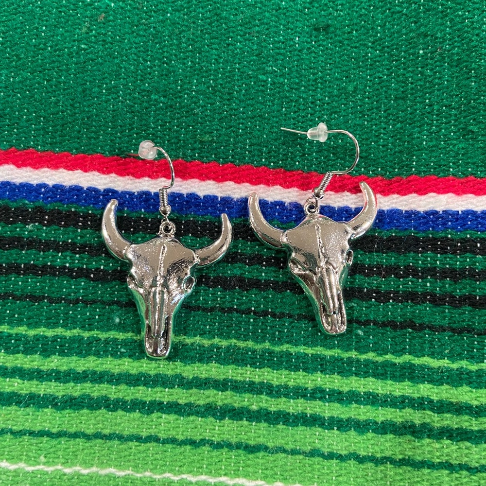 Silver tone boho bull skull earrings